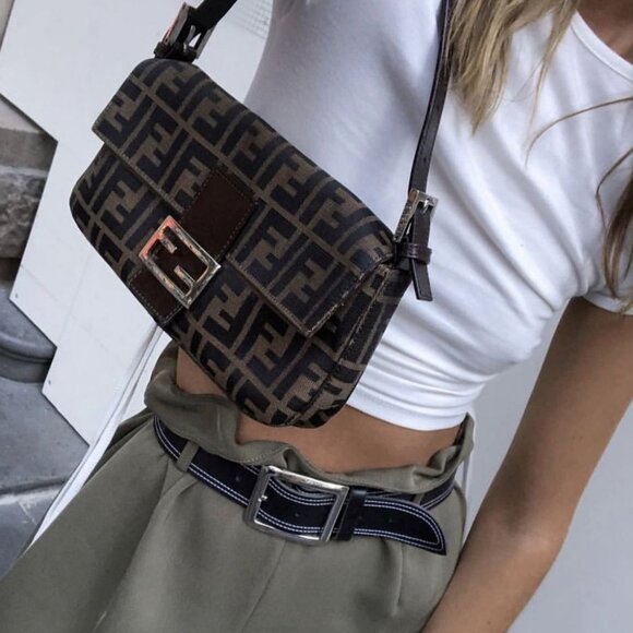 Authentic FENDI Zucca Mamma Baguette Canvas Leather Shoulder Bag Brown Tan - Picture 4 of 15